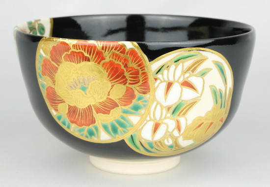 中村能久造 茶碗 黒仁清 菊絵 東福窯 共箱