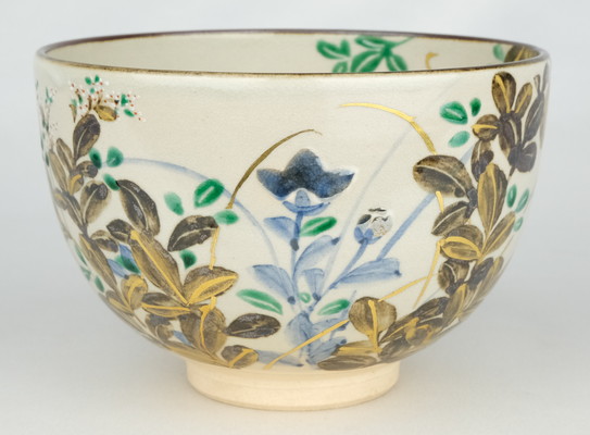 小川与山 作 浅葱丸紋草花平茶碗 共箱 茶道具 茶道具 抹茶茶碗 日本昔話シリーズ 小茶碗 かさ地蔵又は因幡の